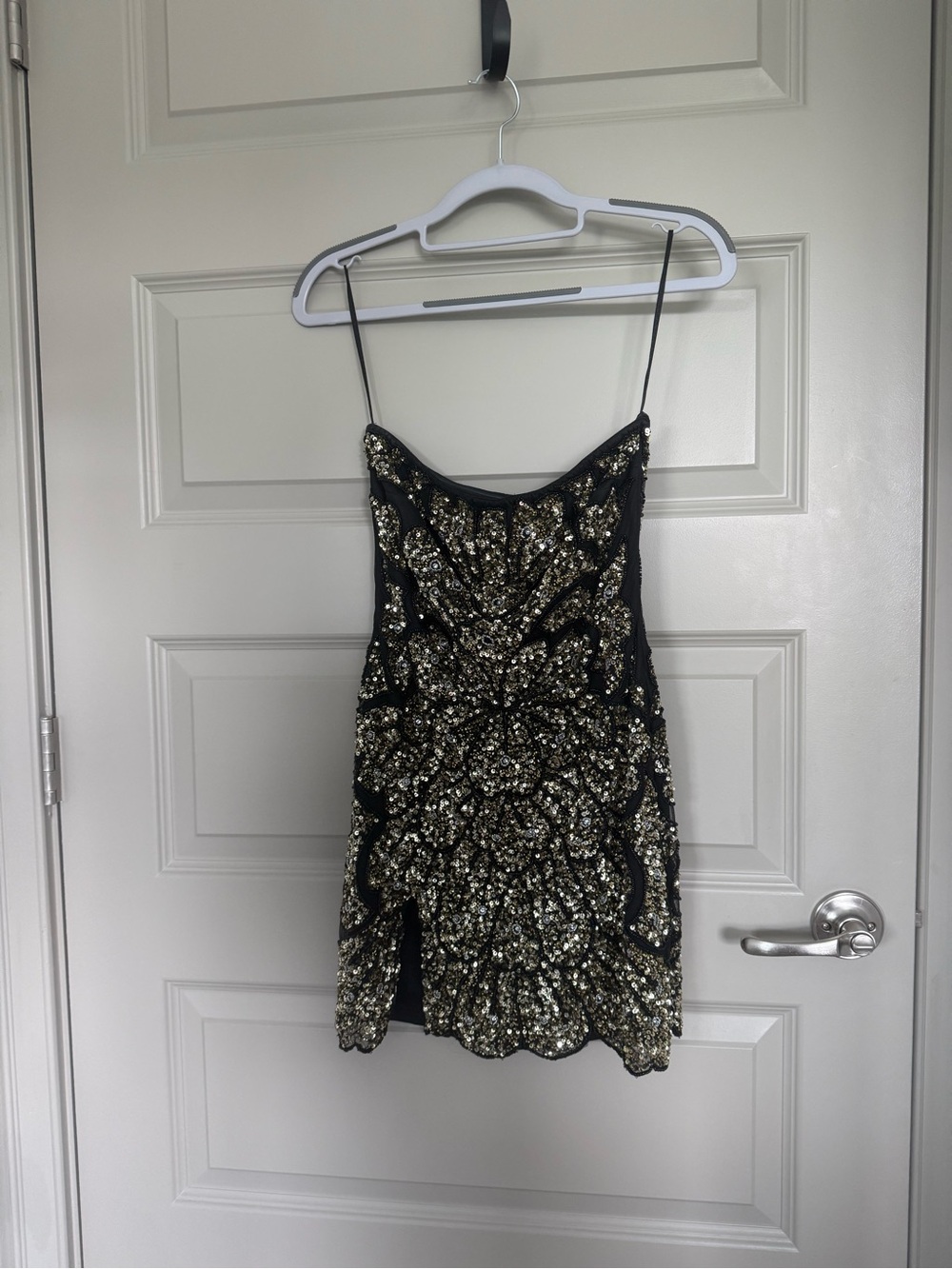 Nasty Gal strapless black and gold beaded art nouveau great gatsby mini dress